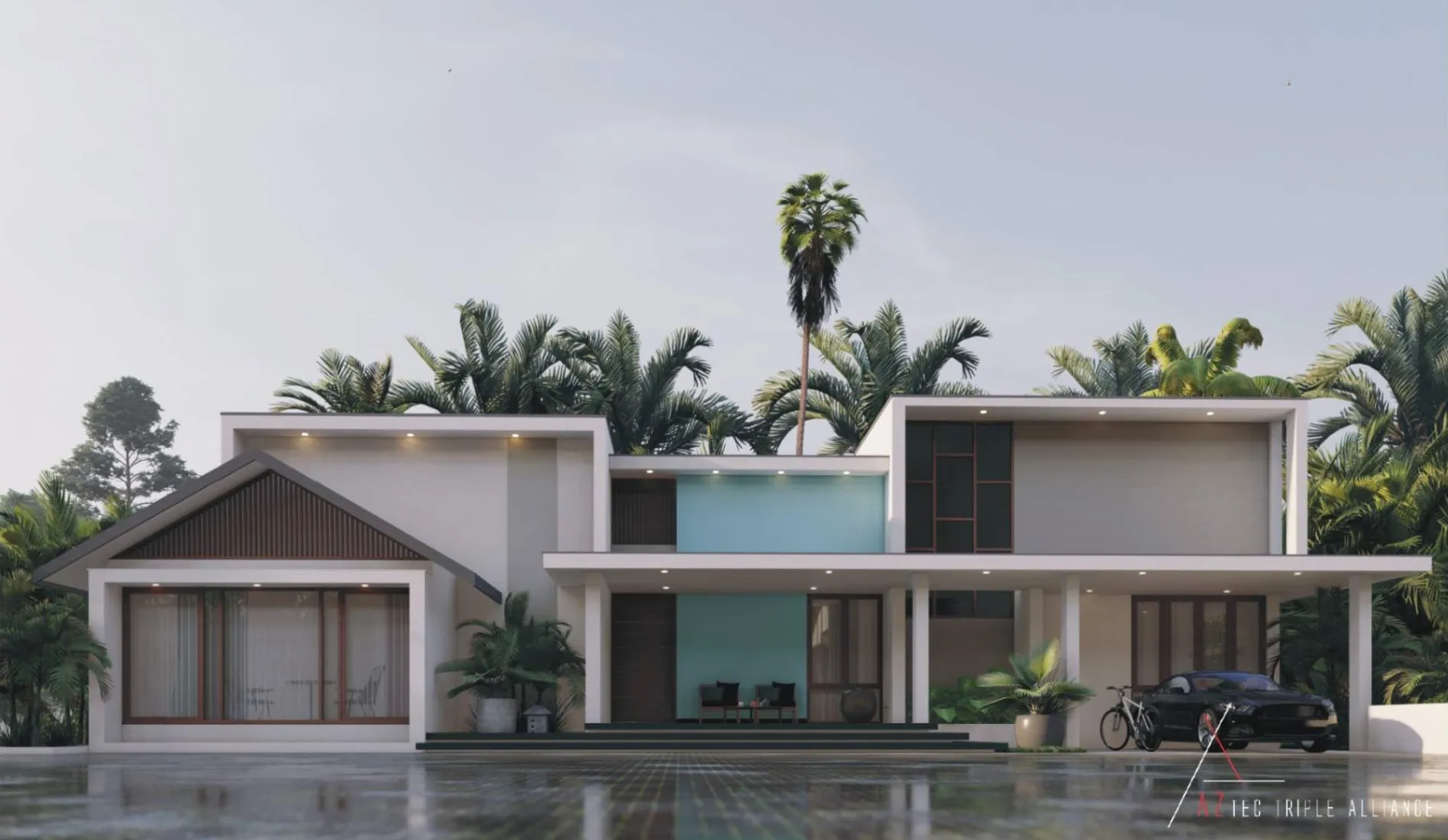 Modern architectural design featuring a sleek house surrounded by lush palm trees and a reflective water surface. A black car and bicycle are visible.