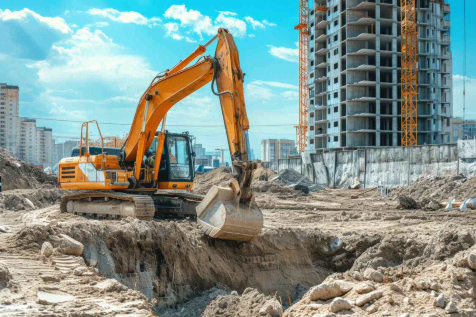 An excavator at a construction site, with a partially built structure in the background, showcasing ongoing development.