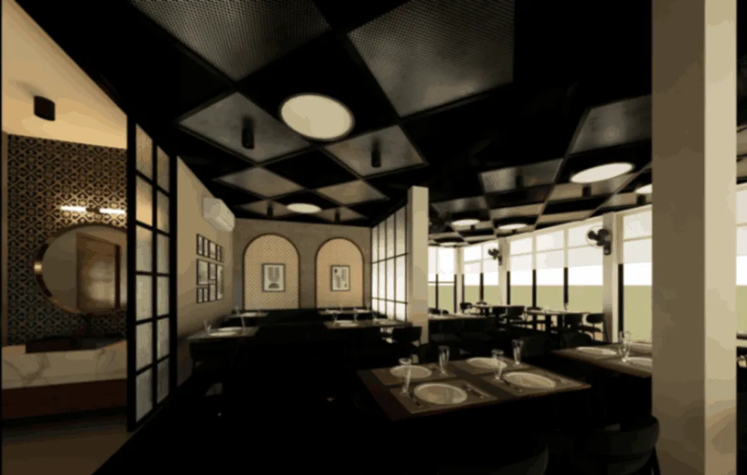 Elegant restaurant interior featuring dark furnishings, geometric ceiling, soft lighting, and tables set for dining.