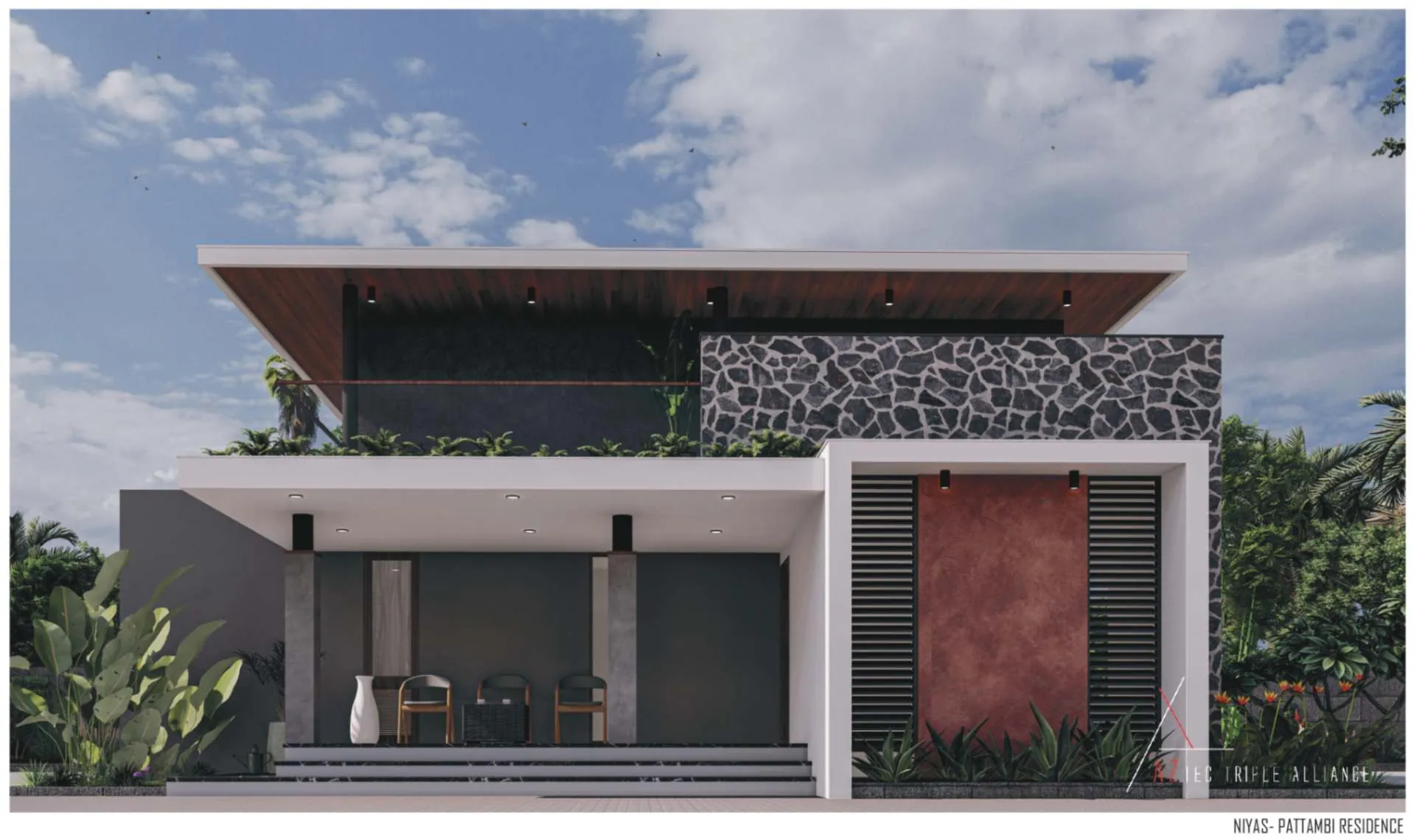 A contemporary house rendering with a generous porch, highlighting modern architectural elements and inviting outdoor space.