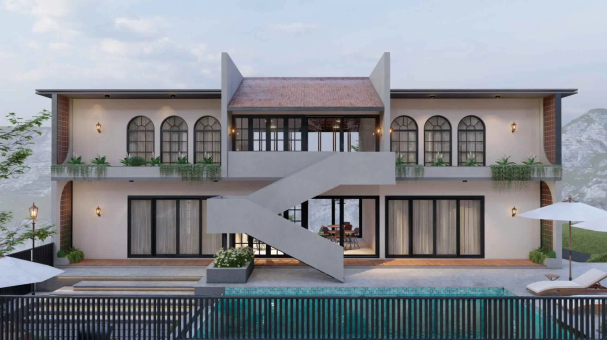 Modern two-story house with a pool, featuring large windows, a staircase, and a balcony adorned with greenery.