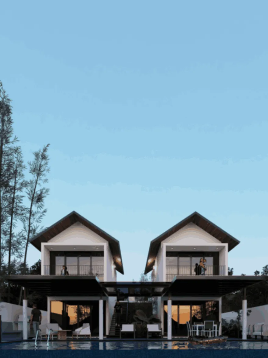 Two modern, white, two-story villas with large windows and balconies are positioned side by side, facing a swimming pool under a clear blue sky.