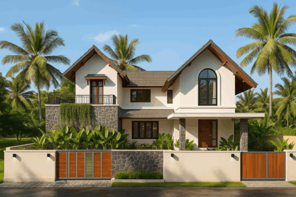 A contemporary home surrounded by a large, well-kept front yard, inviting and open.