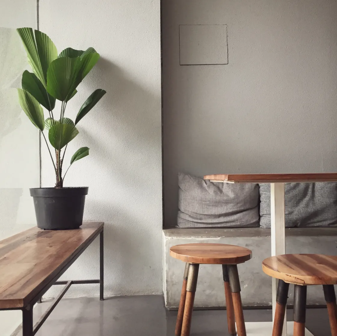 A small table with two stools and a green plant on top, creating a cozy and inviting atmosphere.