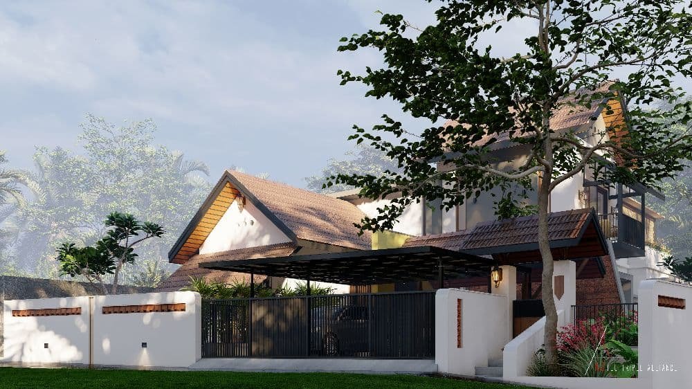 A sleek, modern house with a fence and lush trees, creating a serene and inviting outdoor space.