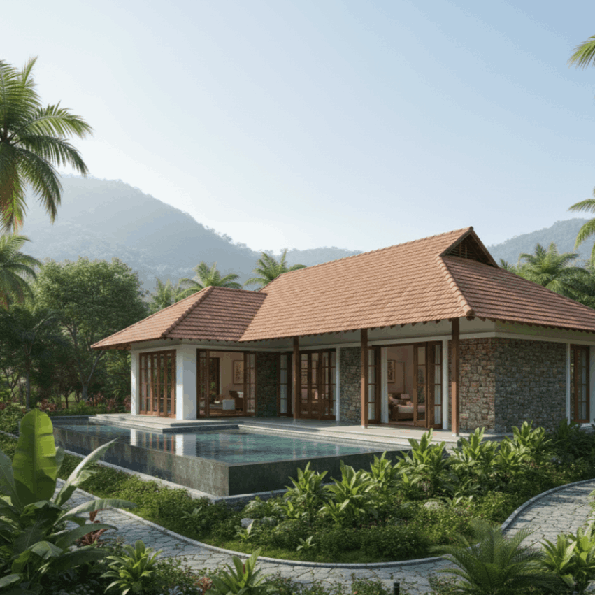 A cozy small house nestled among vibrant green plants and trees, creating a serene and inviting atmosphere.