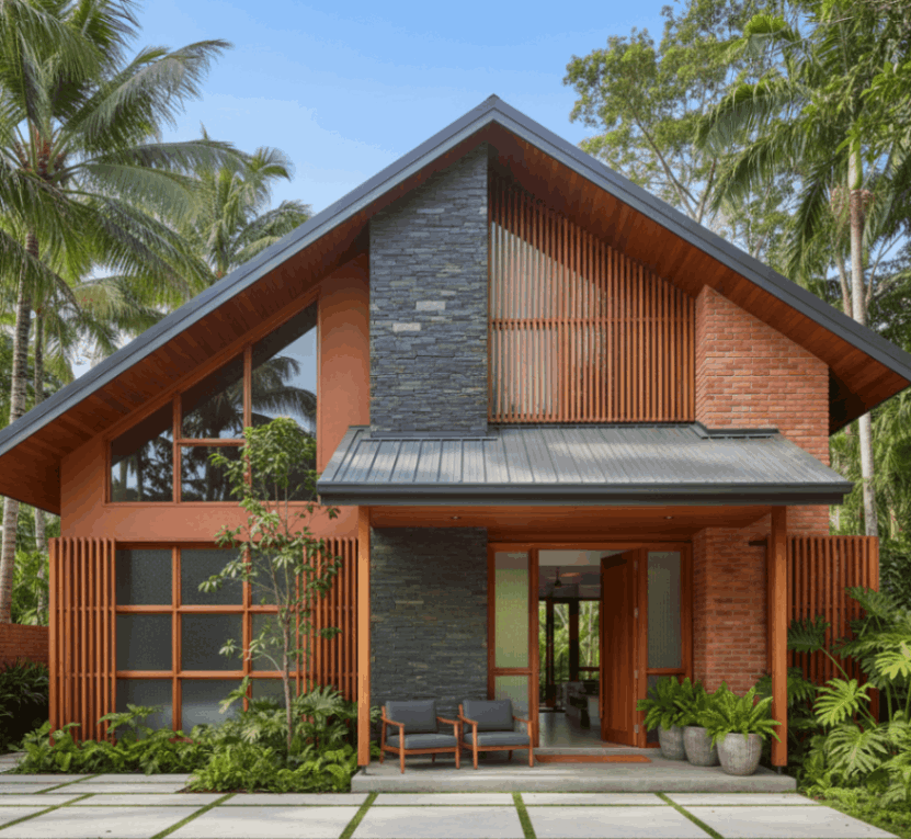 A modern home featuring a wooden exterior and a stone walkway leading to the entrance.